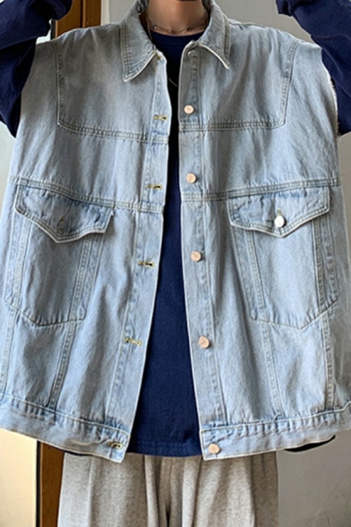 Stylish Mens Denim Vest Solid Color Button down Flap Pocket Loose Fit Vest