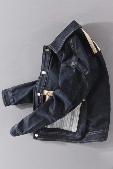 Stylish Mens Jacket Contrast Color Pocket Turn Down Collar Button Closure Fit Denim Jacket