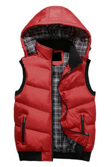 Stylish Mens Vest Pure Color Zipper Pocket Plaid Lined Padded Fitted Hooded Vest