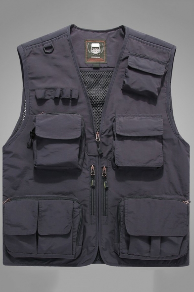 Trendy Mens Vest Solid Color V-Neck Zip Placket Pocket Detailed Regular Fit Cargo Vest