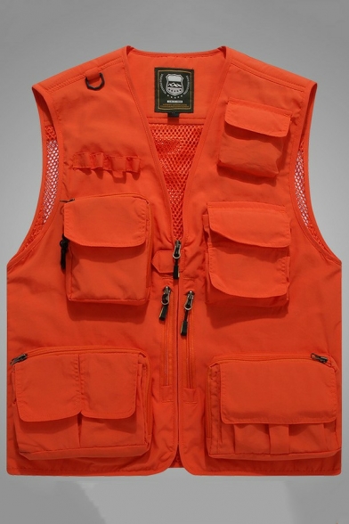 Trendy Mens Vest Solid Color V-Neck Zip Placket Pocket Detailed Regular Fit Cargo Vest