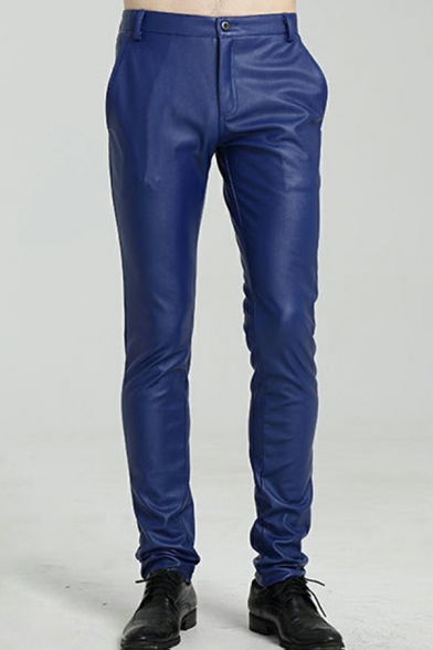 Unique Pants Whole Colored Pocket Detail Zip Closure Skinny-Fit PU Pants for Men