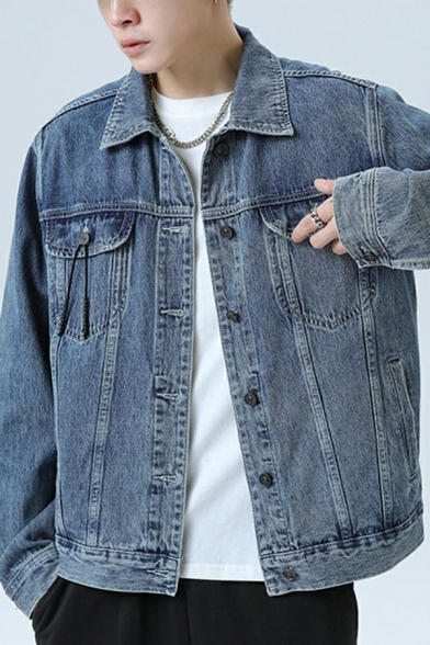 Basic Jacket Solid Color Button Detailed Pocket Collar Long-sleeved Loose Denim Jacket for Men