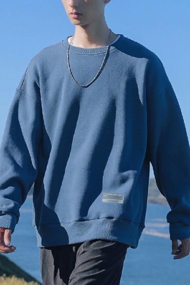 Basic Mens Sweatshirt Solid Color Round Neck Long Sleeve Rib Cuffs Loose Fit Sweatshirt