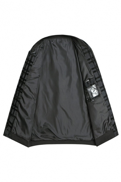 Chic Bomber Jacket Plaid Print Long Sleeves Stand Collar Regular Fit Zip Down Baseball Jacket for Men