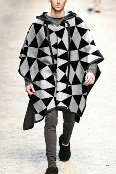 Chic Mens Coat Plaid Color Drawstring Sleeve Oversize Coat with Hoodie