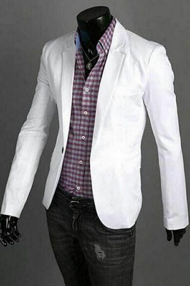 Chic Mens Suit Pure Color Long-Sleeved Single Button Hem Fitted Tuxedo