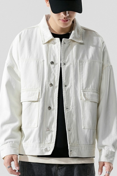 Classic Guys Denim Jacket Solid Color Pocket Embellished Single-Breasted Loose Fit Denim Jacket