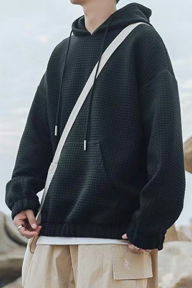 Comfortable Hoodie Drawcord Waffle Kangaroo Pocket Long Sleeve Regular Fit Hooded Sweatshirt for Men