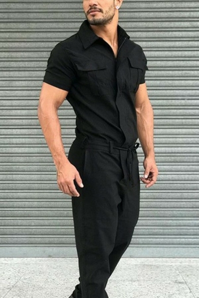 Edgy Mens Jumpsuit Solid Color Button down Short Sleeves Ankle Length Slim Fit Jumpsuit