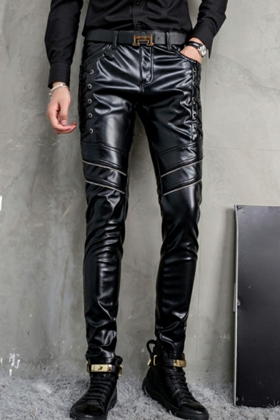 Fashion Men Pants Whole Colored Pocket Lace Up Decorated Long Length Zip Down Leather Pants