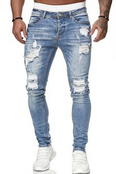 Fashion Mens Pants Solid Color Distressed Effect Zip Placket Skinny-Fit Denim Pants