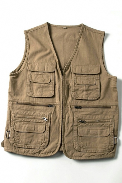 Fashion Vest Pure Color Multi-Pockets Designed Sleeveless Regular Fit Zip Closure Vest for Guys