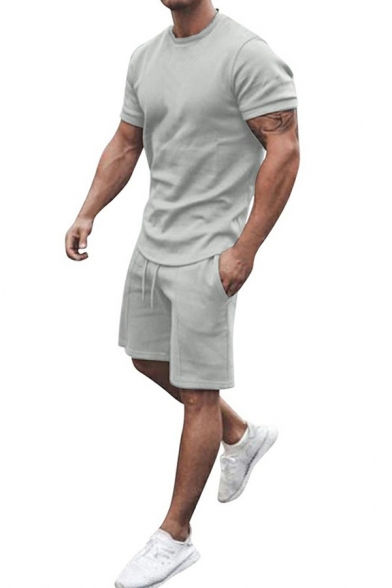Fashionable Mens Set Pure Color Round Neck Short-Sleeved Relaxed Fit T-Shirt & Drawstring Waist Shorts Set