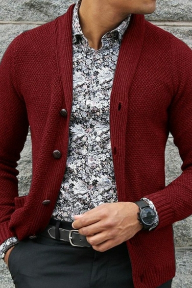 Formal Guys Cardigan Solid Color Button Closure Slim Fit Long Sleeve Cardigan