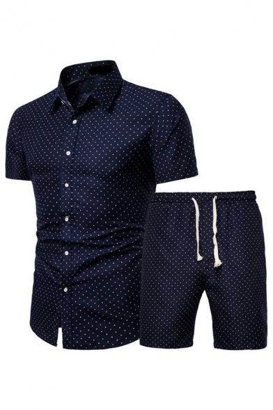 Freestyle Men's Set All Over Patterned Button Closure Fitted Shirt Drawcord Waist Shorts Set