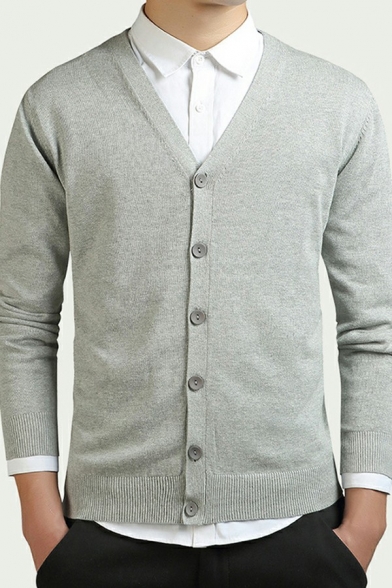 Guys Elegant Cardigan Plain V-Neck Button Detail Long-sleeved Regular Fit Cardigan