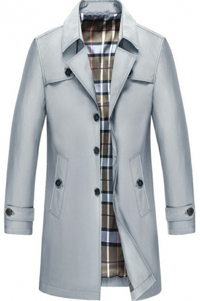 Guys Hot Coat Solid Color Plaid Lined Notched Collar Long Sleeves Relaxed Single-Breasted Coat