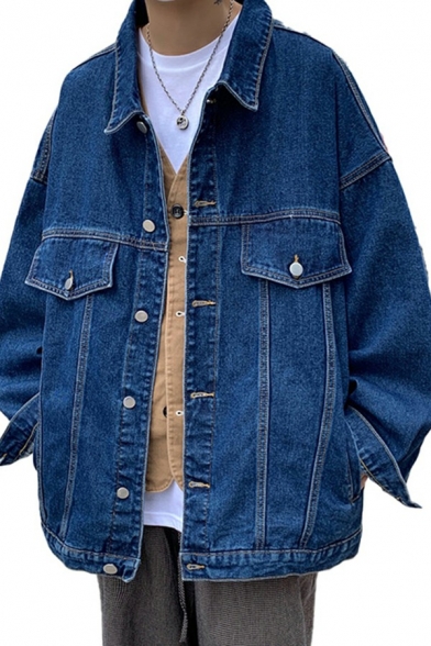 Guys Pop Denim Jacket Solid Button Fly Pocket Designed Long Sleeves Baggy Denim Jacket