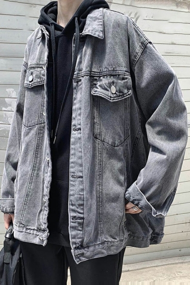 Guys Popular Jacket Whole Colored Flap Pocket Button Fly Turn-down Collar Loose Fit Denim Jacket