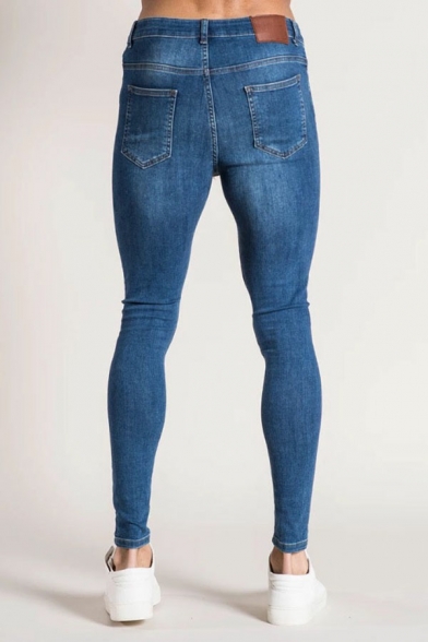 Guys Popular Jeans Solid Ripped Zipper Side Pocket Skinny Jeans