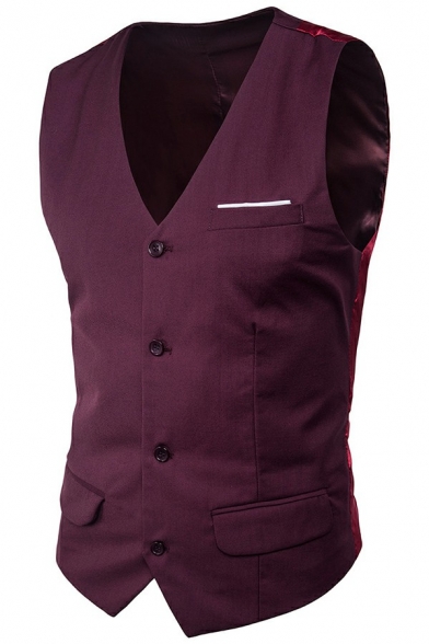 Leisure Suit Vest Pure Color Slim Fitted Sleeveless V Neck Single Breasted Waistcoat for Men