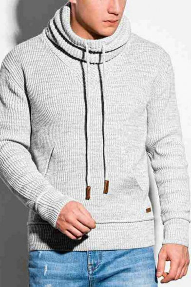 Men Vintage Drawstring Sweater Pure Color Long Sleeve High Collar Rib Cuffs Regular Fit Sweater with Pockets