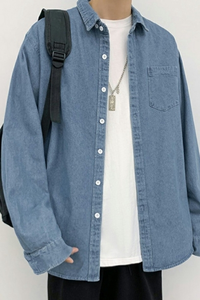 Mens Modern Plain Color Jacket Long Sleeve Lapel Collar Single Breasted Chest Pocket Relaxed Fitted Denim Jacket