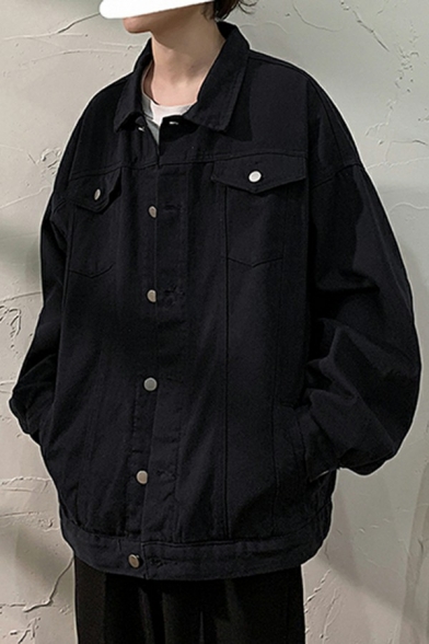 Mens Popular Denim Jacket Pure Color Flap Pockets Spread Collar Long-Sleeved Loose Fitted Denim Jacket