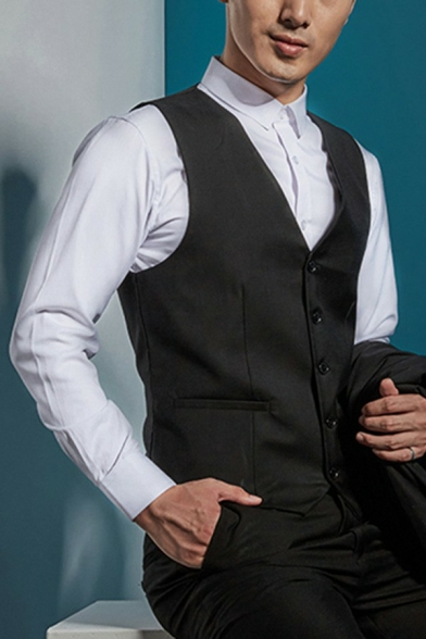 Mens Popular Pure Color Vest  V-Neck Sleeveless Button Closure Slim Fitted Suit Vest with Pocket