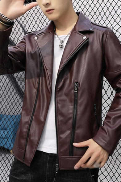 Modern Guys Leather Jacket Solid Turn-down Collar Zip Design Pocket Fitted Leather Jacket