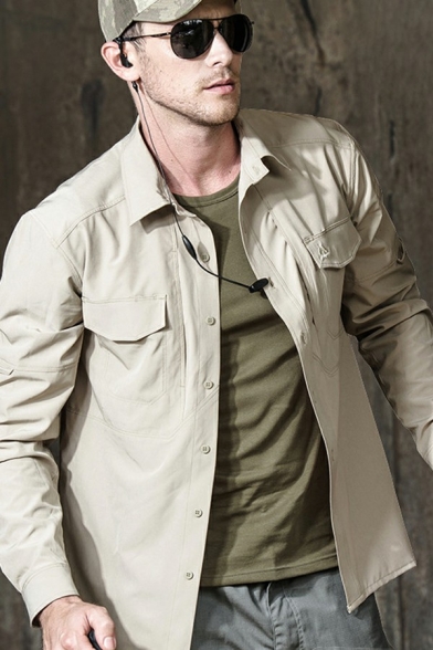 Popular Coat Logo Pattern Long Sleeve Spread Collar Button-up Flap Pockets Design Regular Fitted Coat for Men