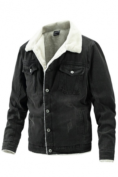 Popular Mens Plain Denim Jacket Button Down Spread Collar Flap Pockets Regular Fit Long-Sleeved Denim Jacket