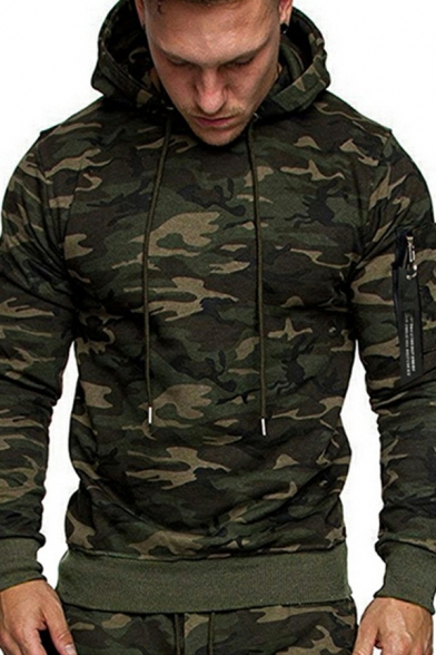 Sporty Hoody Camo Printed Drawstring Hooded Long-Sleeved Pocket Detailed Rib Cuffs Slim Fitted Hoody for Men