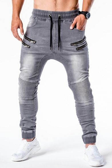 Sporty Jeans Solid Drawcord Waist Zip Design Skinny Long Length Jeans for Guys