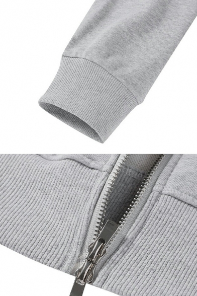 Stylish Guy's Hoodie Arm Stripe Printed Pocket Long Sleeve Regular Zip Closure Drawcord Hoodie