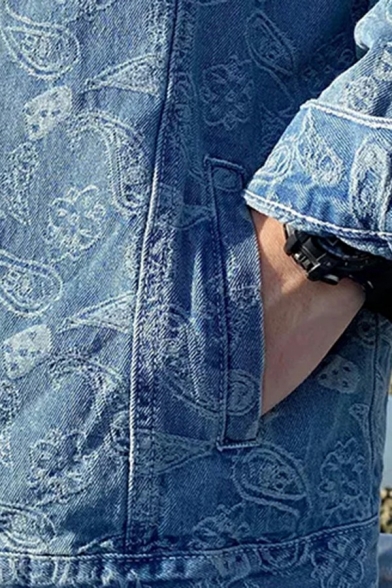 Stylish Guys Jacket Paisley Patterned Pocket Button-up Long Sleeve Relaxed Fit Denim Jacket