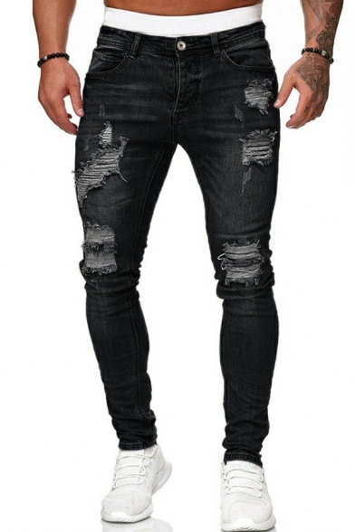 Stylish Mens Jeans Medium Wash Distressed Ripped Zip Up Long Length Slim Fit Jeans