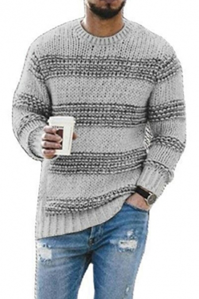 Stylish Sweater Stripe Printed Color Block Crew Neck Long-sleeved Relaxed Sweater for Men