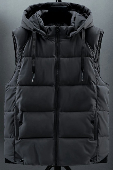 Trendy Vest Pure Color Drawstring Pocket Designed Regular Fit Zip Front Hooded Vest for Guys