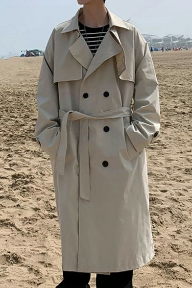 Vintage Boy's Coat Pure Color Notched Collar Loose Long Sleeves Double Breasted Trench Coat