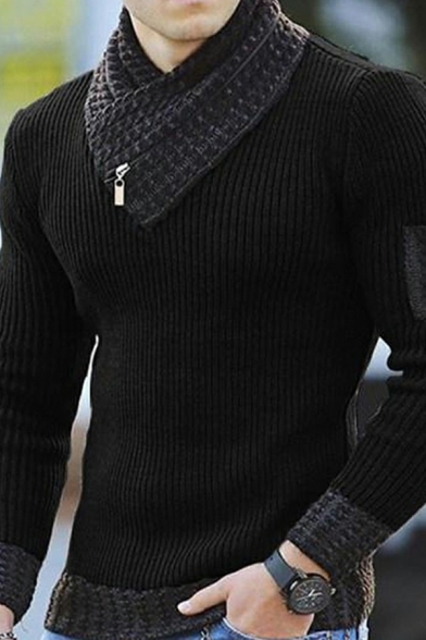 Vintage Mens Sweater Contrast Color Patch Shawl Collar Long-Sleeved Slim Fit Sweater