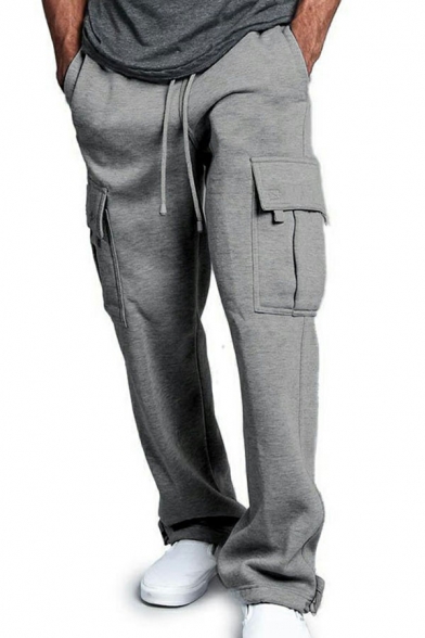 Vintage Pants Plain Color Elastic Waist Mid Rise Flap Pocket Detail Relaxed Fit Pants for Men