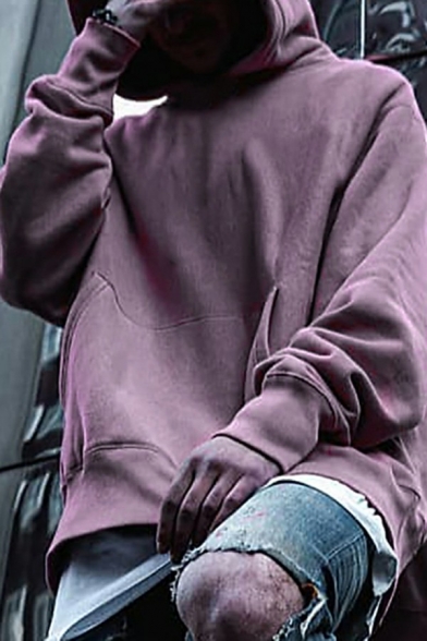 Basic Hoodie Pure Color Kangaroo Pocket Drawcord Long Sleeves Regular Fit Hooded Sweatshirt for Men