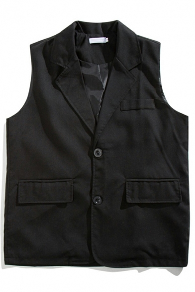 Boyish Suit Vest Pure Color Flap Pocket Sleeveless Regular Notched Collar Suit Vest for Guys