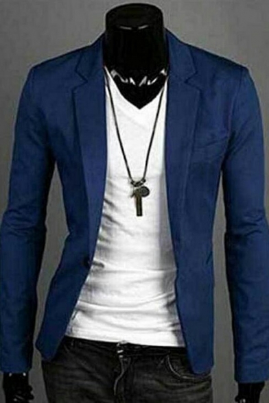 Chic Mens Suit Pure Color Long-Sleeved Single Button Hem Fitted Tuxedo