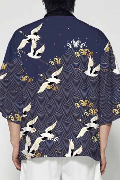 Cool Mens Shirt Crane Pattern 3/4 Sleeve Stand Collar Relaxed Fit Shirt