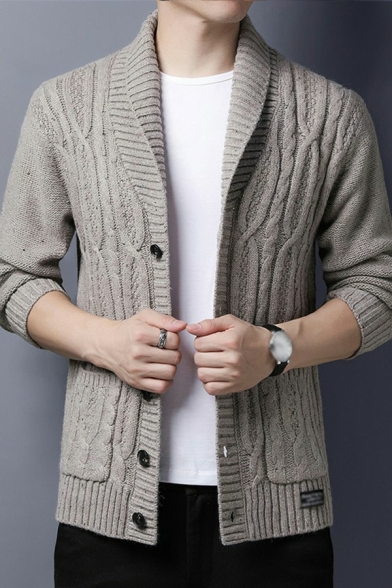 Dashing Cardigan Solid Color Long-Sleeved Shawl Collar Button Closure Regular Fitted Cardigan for Men