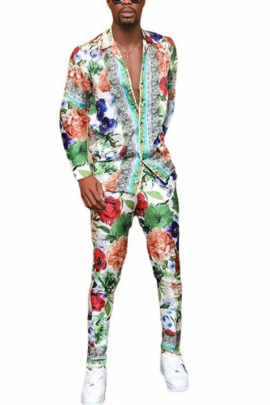 Dashing Guys Set All over Floral Chain Pattern Spread Collar Long-Sleeved Button Up Relaxed Fitted Shirt & Pants Set