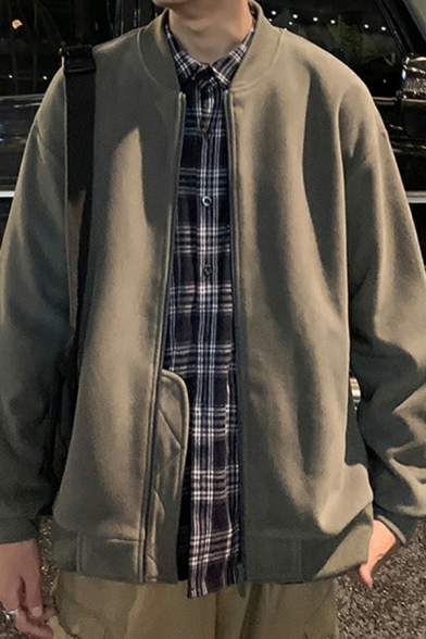Edgy Mens Sweatshirt Solid Color Stand Collar Zip Placket Long Sleeve Loose Fit Sweatshirt